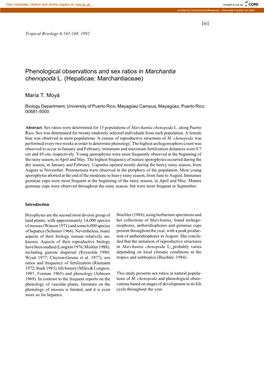 Phenological Observations and Sex Ratios in Marchantia Chenopoda L. (Hepaticae: Marchantiaceae)