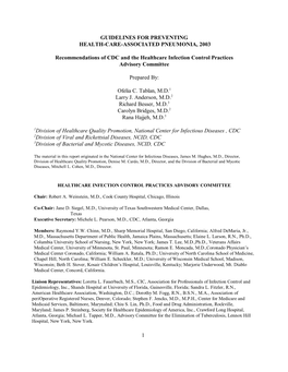 1 GUIDELINES for PREVENTING HEALTH-CARE-ASSOCIATED PNEUMONIA, 2003 Recommendations of CDC and the Healthcare Infection Control P