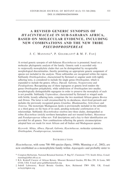 A Revised Generic Synopsis of Hyacinthaceae in Sub-Saharan Africa, Based on Molecular Evidence, Including New Combinations and the New Tribe Pseudoprospereae