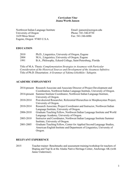 1 Curriculum Vitae Joana Worth Jansen Northwest Indian Language