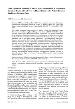 Dune Vegetation and Coastal Thicket Plant Communities in Threatened Limestone Fynbos of Andrew’S Field and Tsaba-Tsaba Nature Reserve, Struisbaai, Western Cape