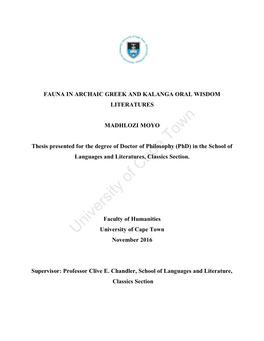 Fauna in Archaic Greek and Kalanga Oral Wisdom Literatures