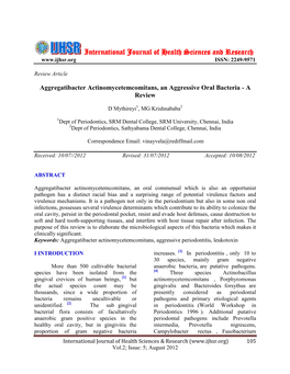 Aggregatibacter Actinomycetemcomitans, an Aggressive Oral Bacteria - a Review