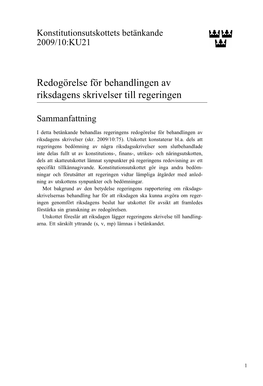 Redogörelse För Behandlingen Av Riksdagens Skrivelser Till Regeringen