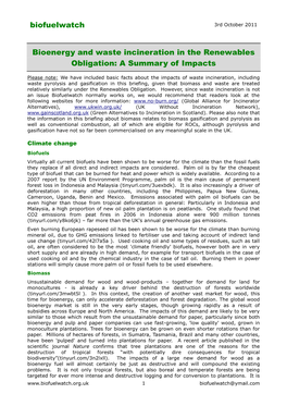 Biofuelwatch Bioenergy and Waste Incineration in the Renewables Obligation: a Summary of Impacts