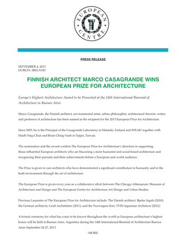 Finnish Architect Marco Casagrande Wins European Prize for Architecture