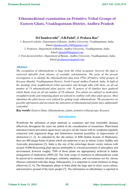 Ethnomedicinal Examination on Primitive Tribal Groups of Eastern Ghats, Visakhapatnam District, Andhra Pradesh