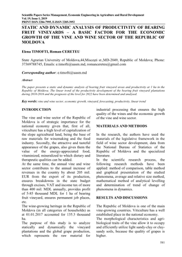 Static and Dynamic Analysis of Productivity of Bearing Fruit Vineyards – a Basic Factor for the Economic Growth of the Vine An