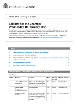 Call List for Wed 10 Feb 2021