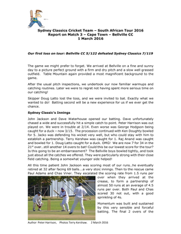 Sydney Classics Cricket Team – South African Tour 2016 Report on Match 3 – Cape Town – Bellville CC 1 March 2016