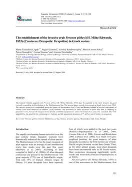 The Establishment of the Invasive Crab Percnon Gibbesi (H