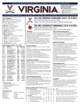 [21/20] VIRGINIA CAVALIERS (16-6, 12-4 ACC) Date / Time: Saturday, March 6, 2021 / 4 P.M