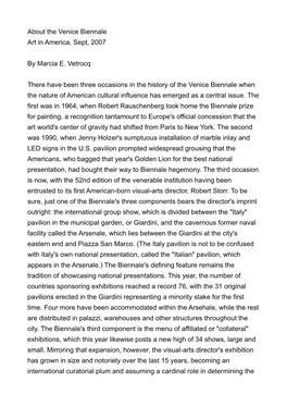 About the Venice Biennale Art in America, Sept, 2007 by Marcia E