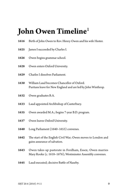 John Owen Timeline1 1616 Birth of John Owen to Rev