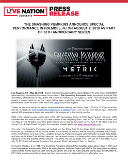 The Smashing Pumpkins Announce Special Performance in Holmdel, Nj on August 2, 2018 As Part of 30Th Anniversary Series