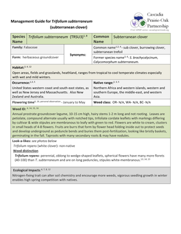 Management Guide Fortrifolium Subterraneum (Subterranean Clover) Species Name Trifolium Subterraneum (TRSU3)1, 8 Common Na