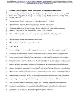 Paternal Hypoxia Exposure Primes Offspring for Increased Hypoxia Resistance 2 3 Alexandria Ragsdale1¶, Oscar Ortega-Recalde2¶, Ludovic Dutoit1¶, Anne A