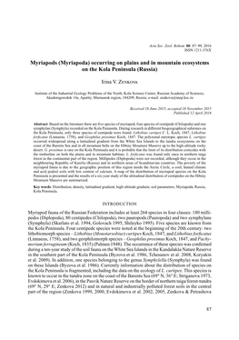 Myriapods (Myriapoda) Occurring on Plains and in Mountain Ecosystems on the Kola Peninsula (Russia)