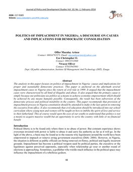 Politics of Impeachment in Nigeria; a Discourse on Causes and Implications for Democratic Consolidation