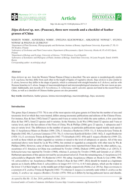 Stipa Dickorei Sp. Nov. (Poaceae), Three New Records and a Checklist of Feather Grasses of China