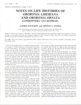 Notes on Life Histories of Oboronia Liberiana and Oboronia Ornata (Lepidoptera: Lycaenidae)