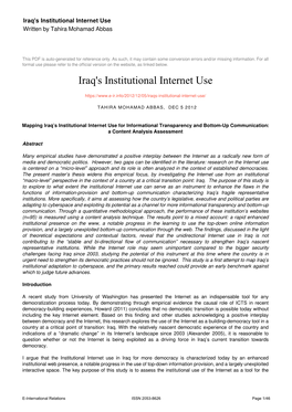 Iraq's Institutional Internet Use Written by Tahira Mohamad Abbas