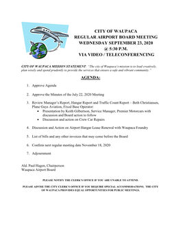 City of Waupaca Regular Airport Board Meeting Wednesday September 23, 2020 @ 5:30 P.M. Via Video / Teleconferencing