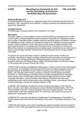 U DRA Miscellaneous Documents for Hull 13Th Cent-1950 and the East Riding Received from the British Records Association