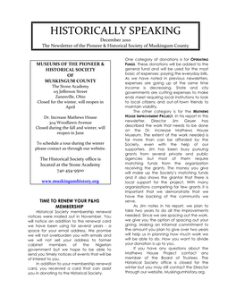 HISTORICALLY SPEAKING December 2010 the Newsletter of the Pioneer & Historical Society of Muskingum County