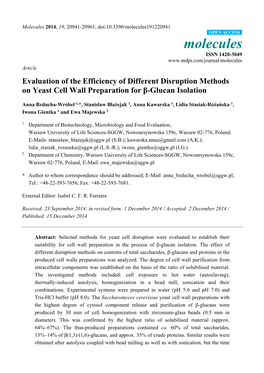 Evaluation of the Efficiency of Different Disruption Methods on Yeast Cell Wall Preparation for Β-Glucan Isolation