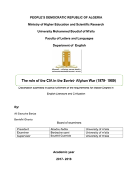 The Role of the CIA in the Soviet- Afghan War (1979- 1989)