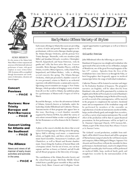 BROADSIDE Volume VIII, #5 February 2002 Early Music Offers Variety of Styles