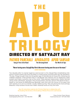 DIRECTED by SATYAJIT RAY PATHER PANCHALI APARAJITO APUR SANSAR Song of the Little Road the Unvanquished the World of Apu