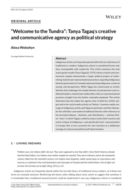 The Tundra”: Tanya Tagaq's Creative and Communicative Agency As Political Strategy