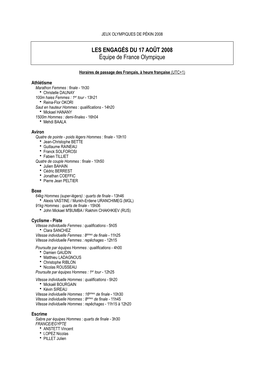LES ENGAGÉS DU 17 AOÛT 2008 Équipe De France Olympique