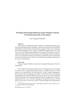 Worship and Liturgical Reform in the Orthodox Church of Transylvania in the 17Th Century