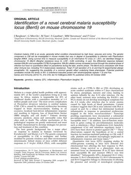 Identification of a Novel Cerebral Malaria Susceptibility Locus (Berr5) on Mouse Chromosome 19