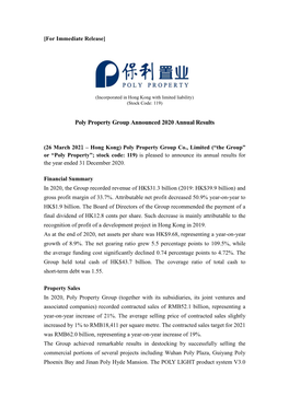 Poly Property Group Announced 2020 Annual Results
