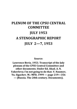 Plenum of the CPSU CC a Stenographic Report (July 2-7-1953)