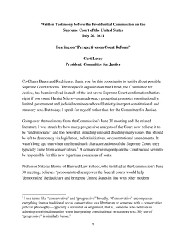 Written Testimony Before the Presidential Commission on the Supreme Court of the United States July 20, 2021