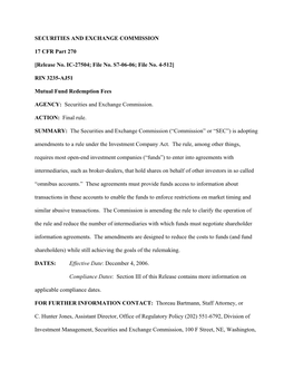 Mutual Fund Redemption Fees