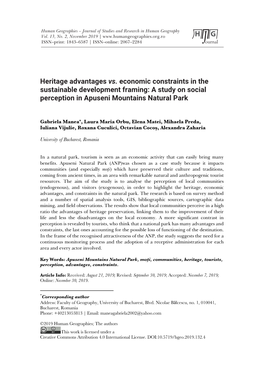 Heritage Advantages Vs. Economic Constraints in the Sustainable Development Framing: a Study on Social Perception in Apuseni Mountains Natural Park