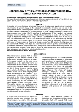 Morphology of the Anterior Clinoid Process in a Select Kenyan Population