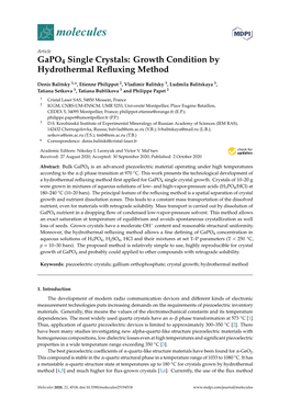 Gapo4 Single Crystals: Growth Condition by Hydrothermal Reﬂuxing Method