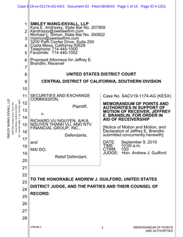 Memorandum of Points and Authorities in Support of Motion of 6 Receiver, Jeffrey E