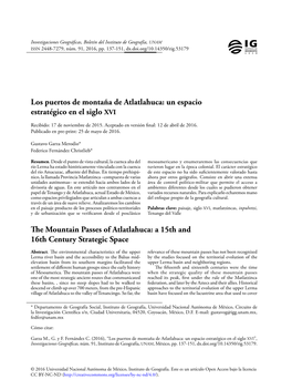 Los Puertos De Montaña De Atlatlahuca: Un Espacio Estratégico En El Siglo XVI