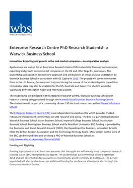 Enterprise Research Centre Phd Research Studentship Warwick Business School