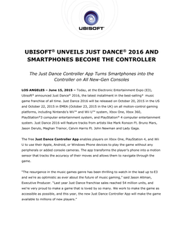 Ubisoft® Unveils Just Dance® 2016 and Smartphones Become the Controller