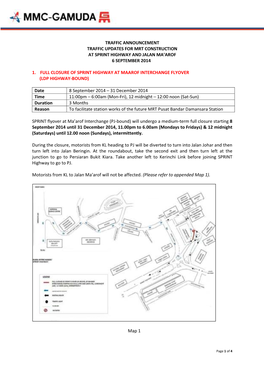 Traffic Announcement Traffic Updates for Mrt Construction at Sprint Highway and Jalan Ma’Arof 6 September 2014