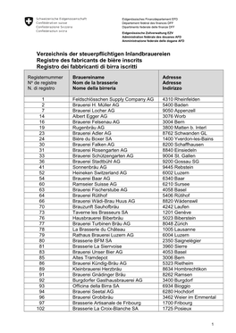 Verzeichnis Der Steuerpflichtigen Inlandbrauereien Registre Des Fabricants De Bière Inscrits Registro Dei Fabbricanti Di Birra Iscritti